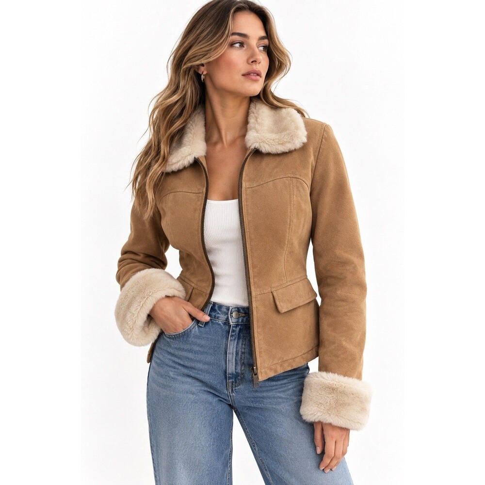 Maxima Wilsons Faux Shearling Suede Jacket Women’s M Tan Y2K Aviator